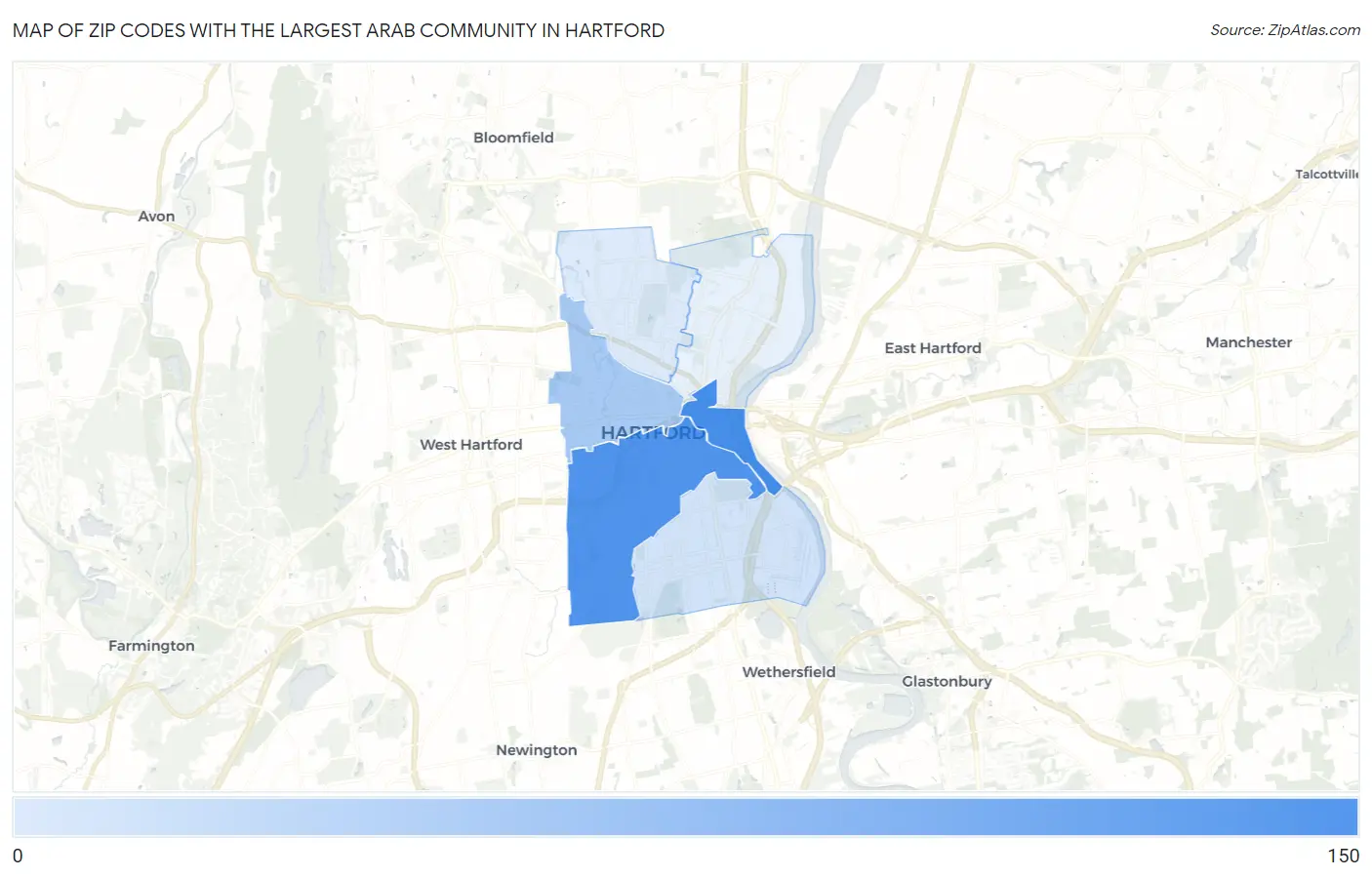 Zip Codes with the Largest Arab Community in Hartford Map