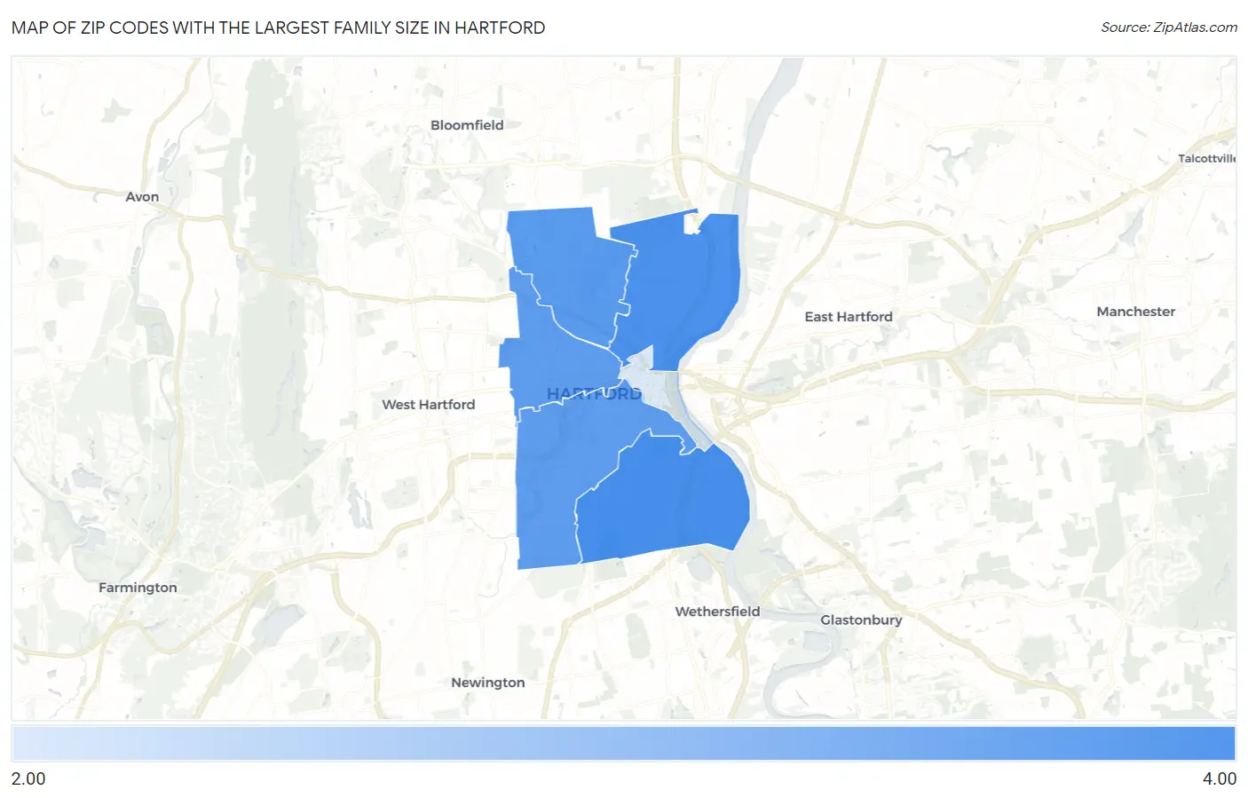 Zip Codes with the Largest Family Size in Hartford Map