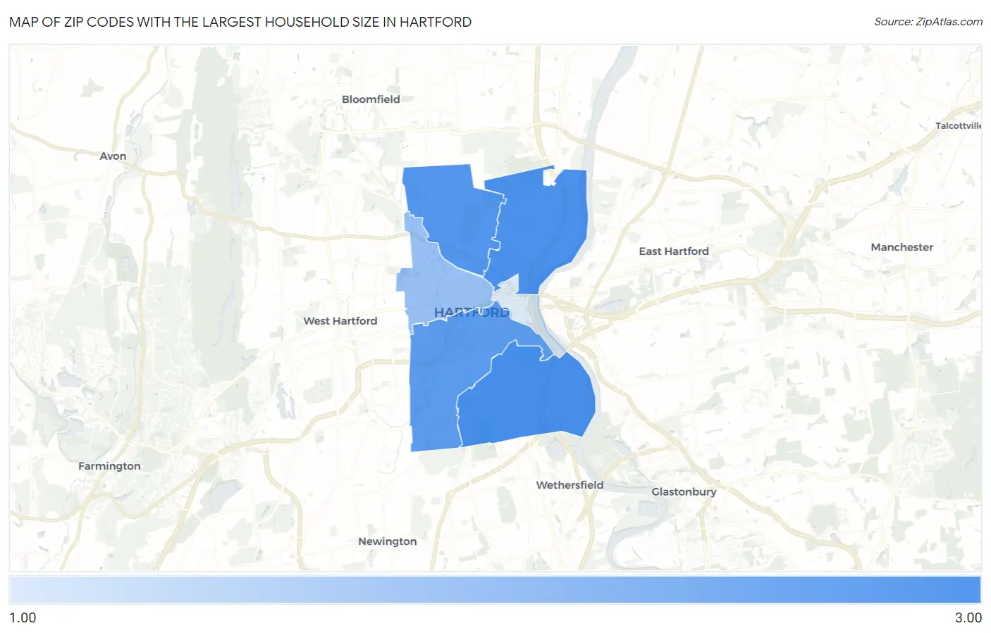 Zip Codes with the Largest Household Size in Hartford Map