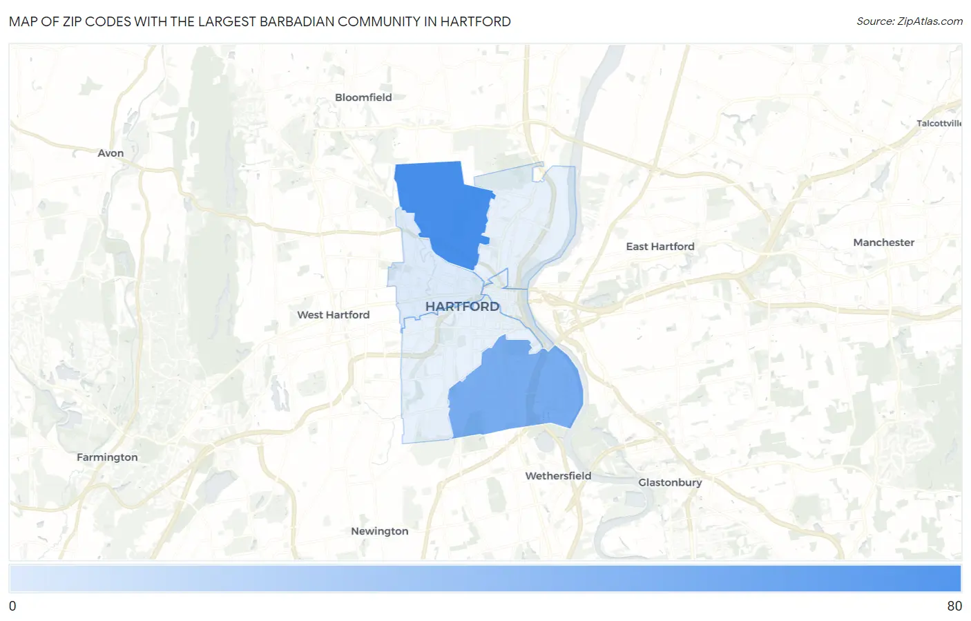 Zip Codes with the Largest Barbadian Community in Hartford Map