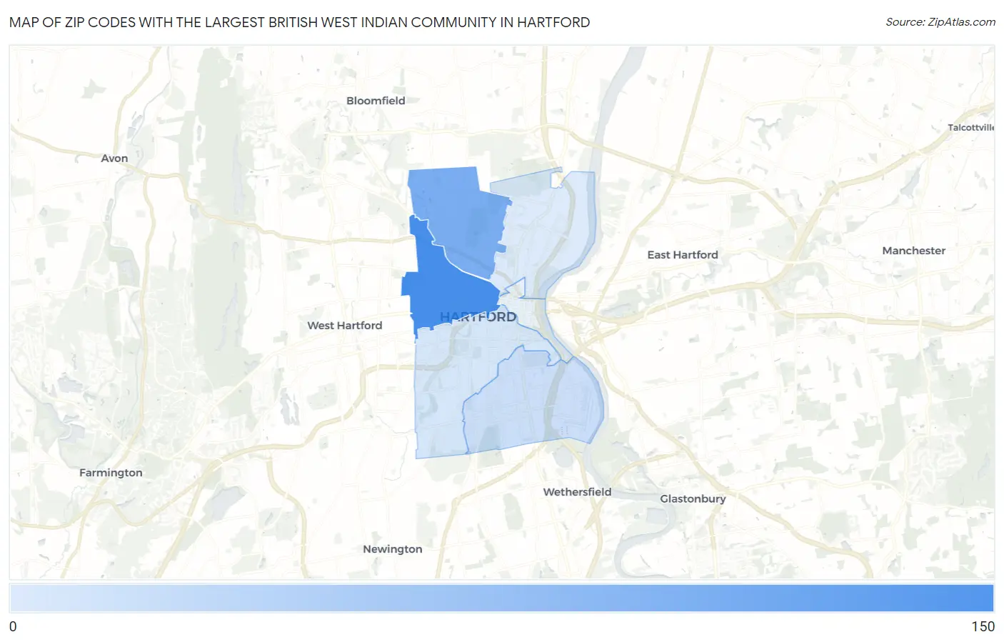 Zip Codes with the Largest British West Indian Community in Hartford Map