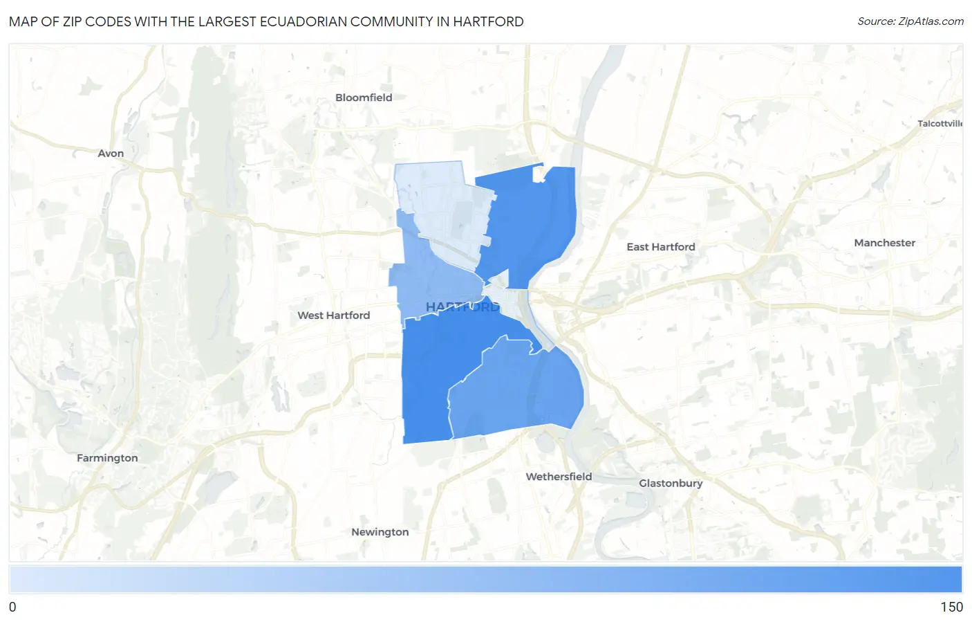 Zip Codes with the Largest Ecuadorian Community in Hartford Map
