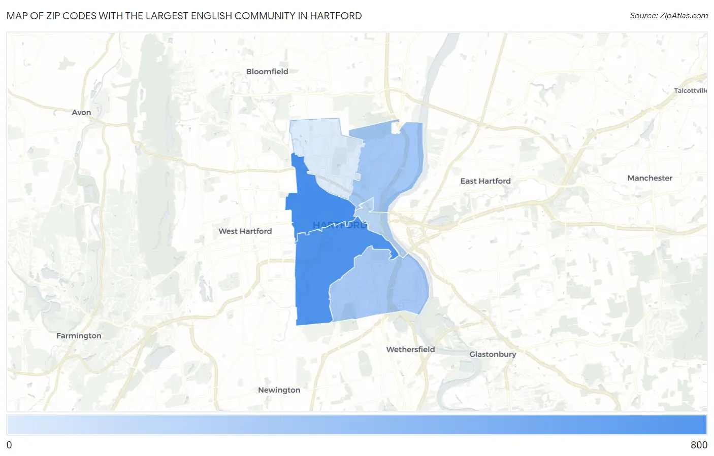 Zip Codes with the Largest English Community in Hartford Map