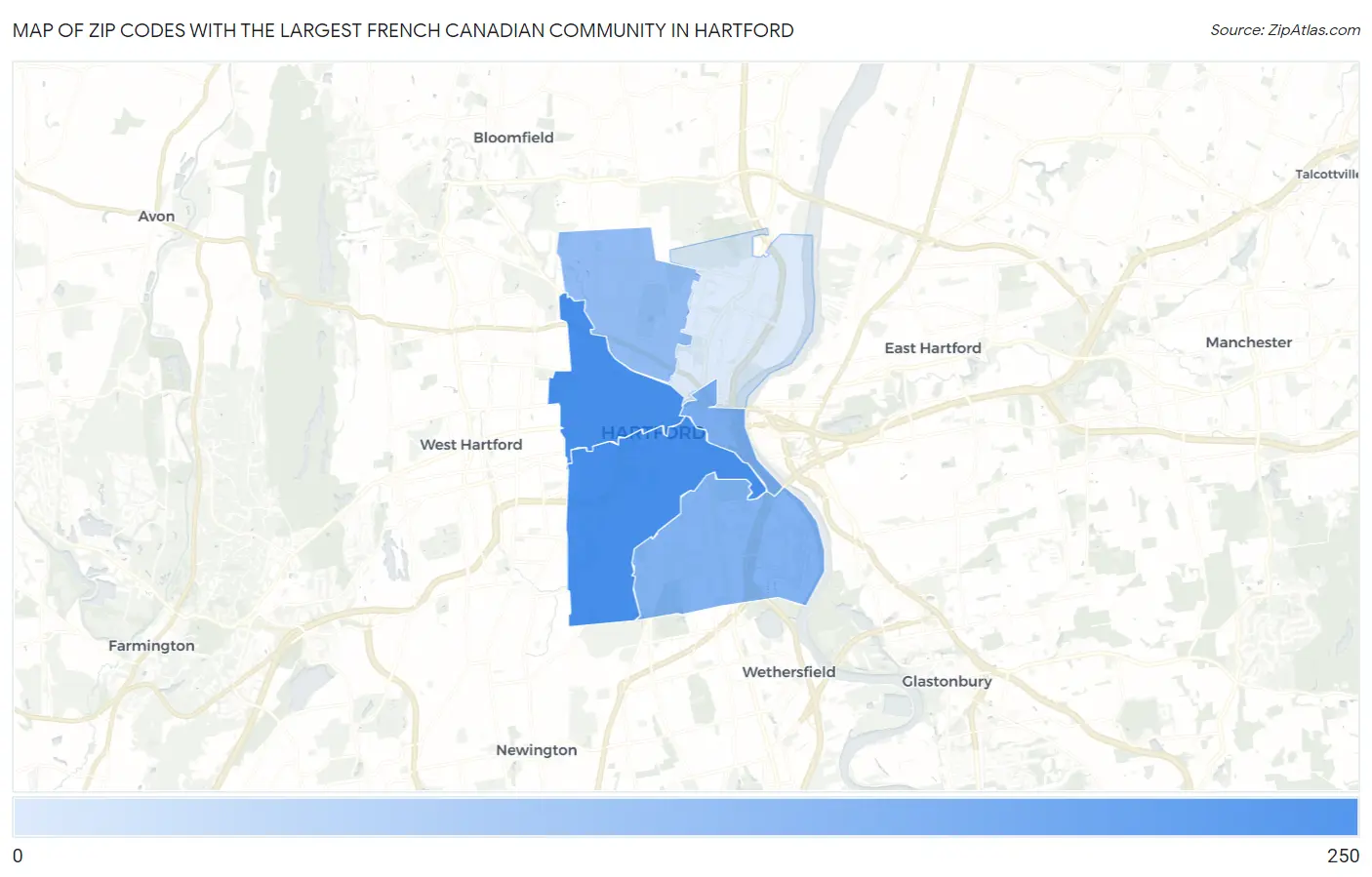 Zip Codes with the Largest French Canadian Community in Hartford Map