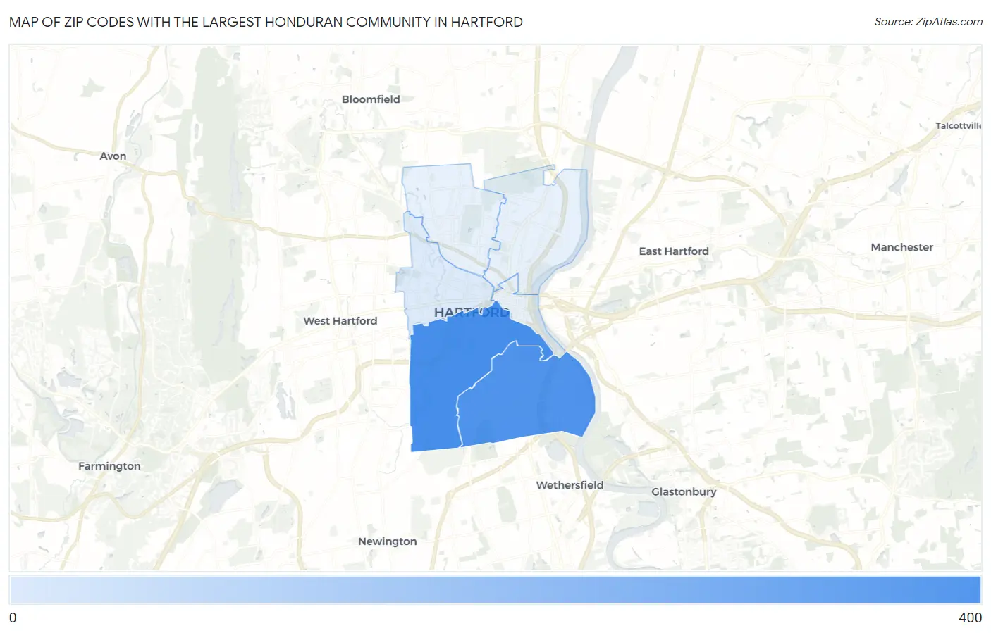 Zip Codes with the Largest Honduran Community in Hartford Map