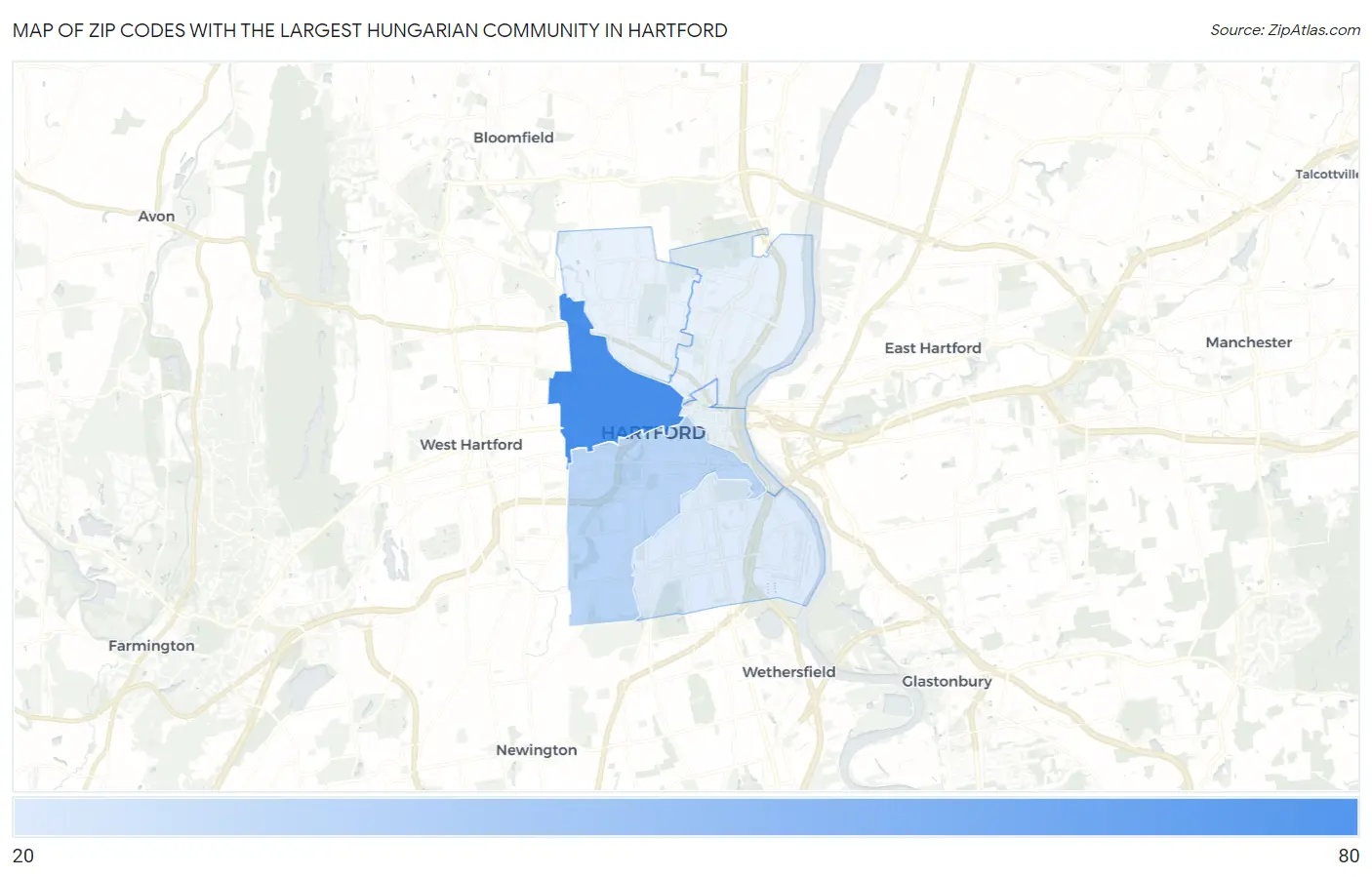 Zip Codes with the Largest Hungarian Community in Hartford Map