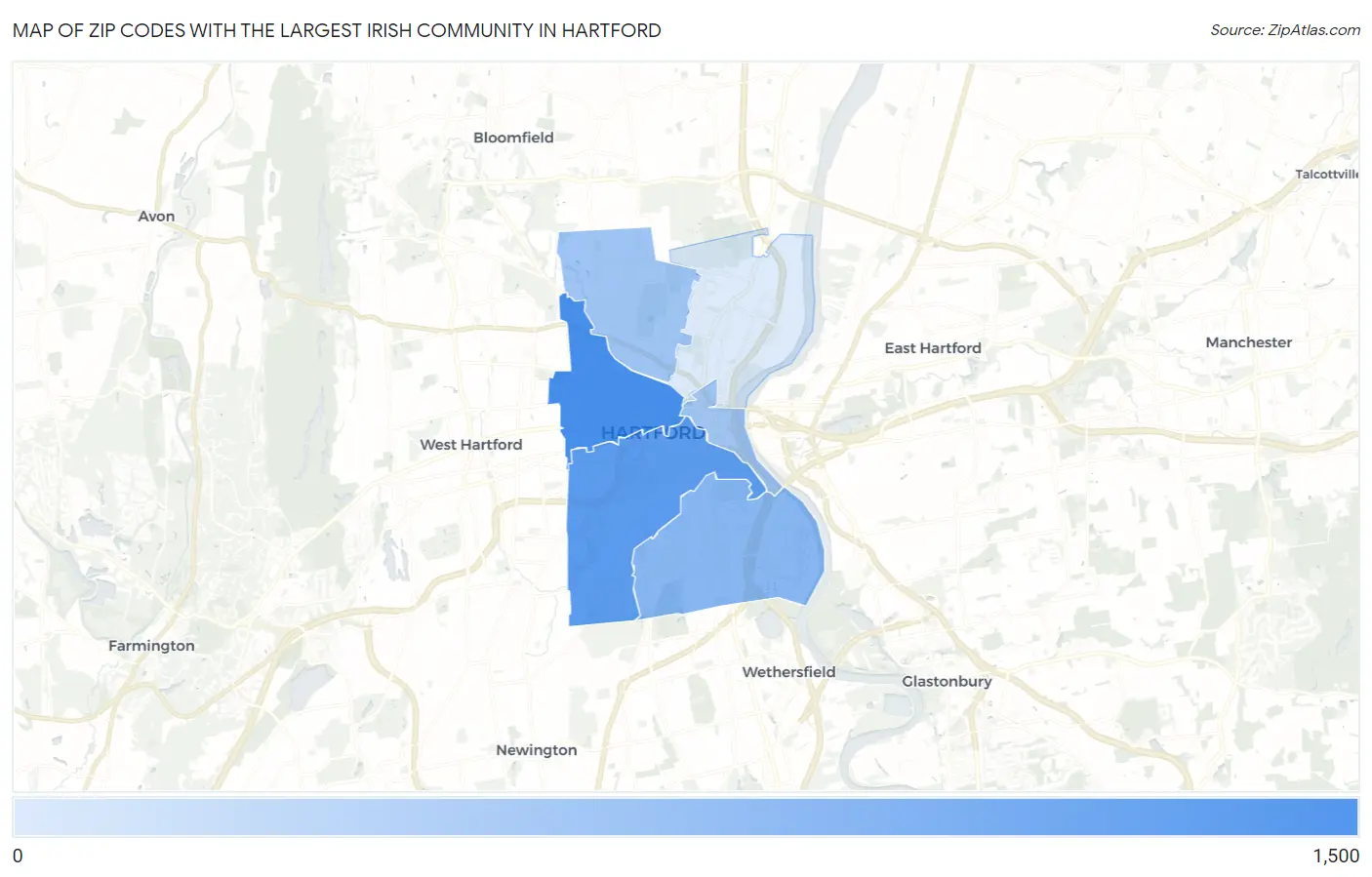 Zip Codes with the Largest Irish Community in Hartford Map