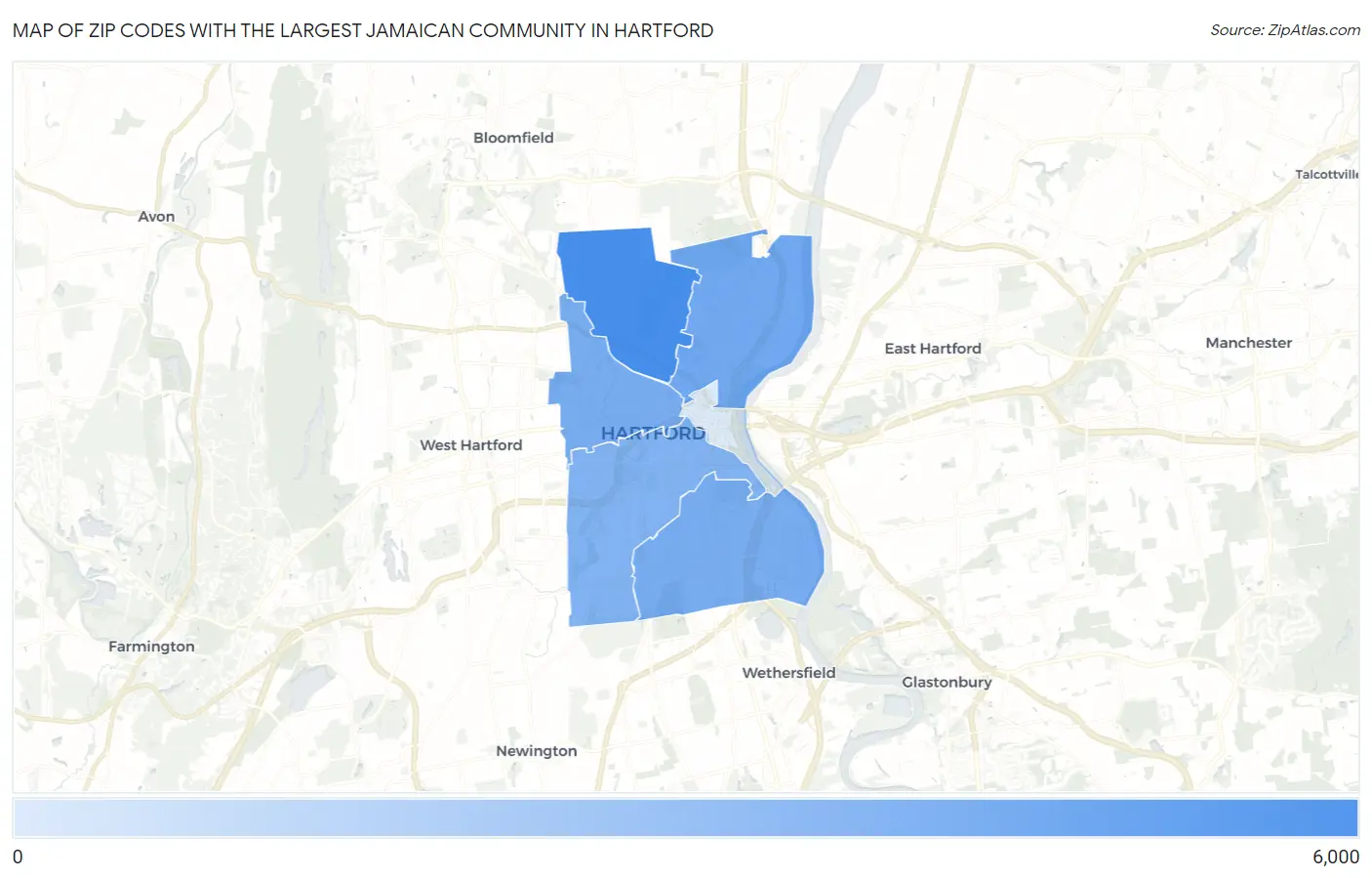 Zip Codes with the Largest Jamaican Community in Hartford Map