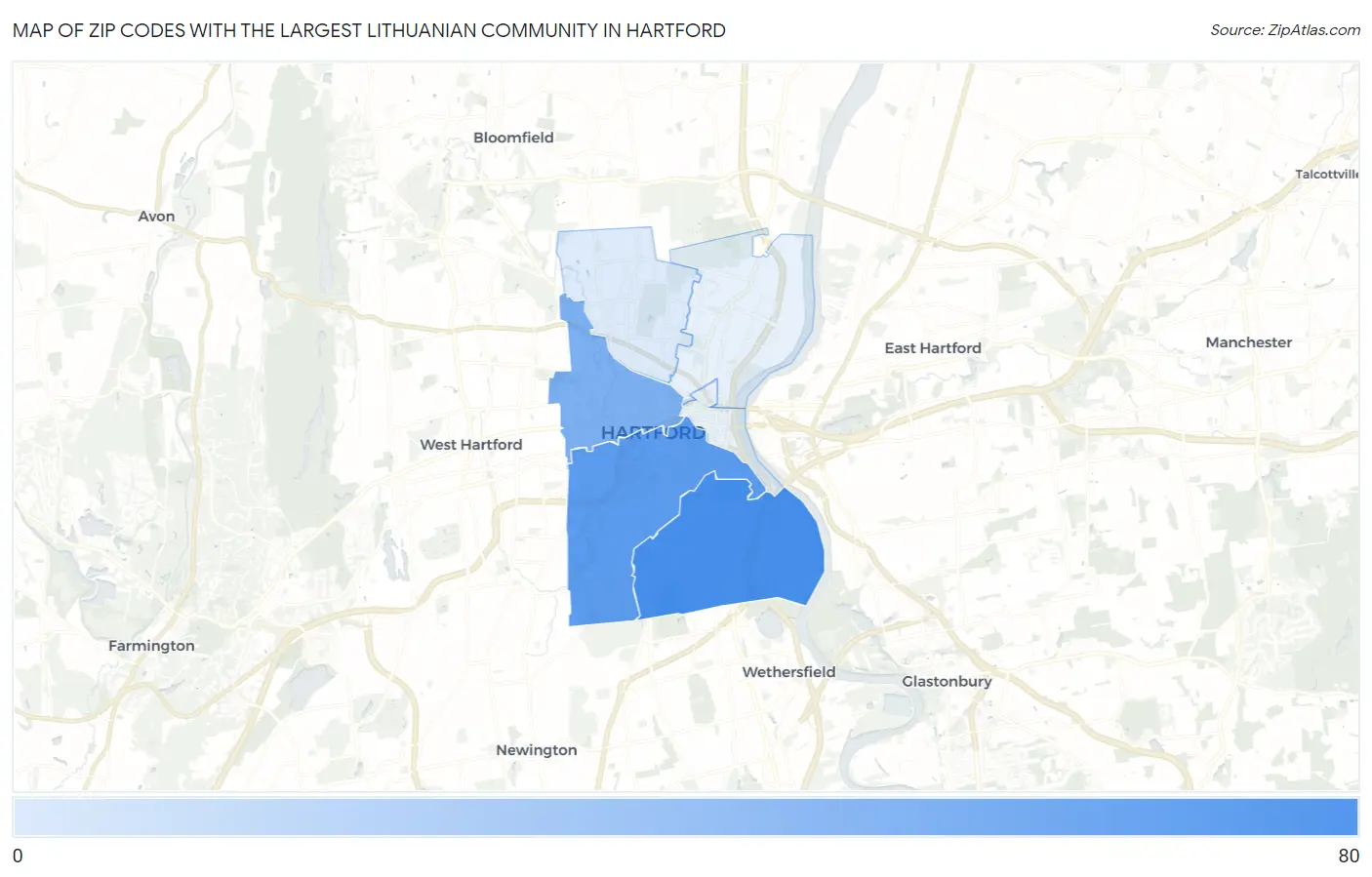 Zip Codes with the Largest Lithuanian Community in Hartford Map