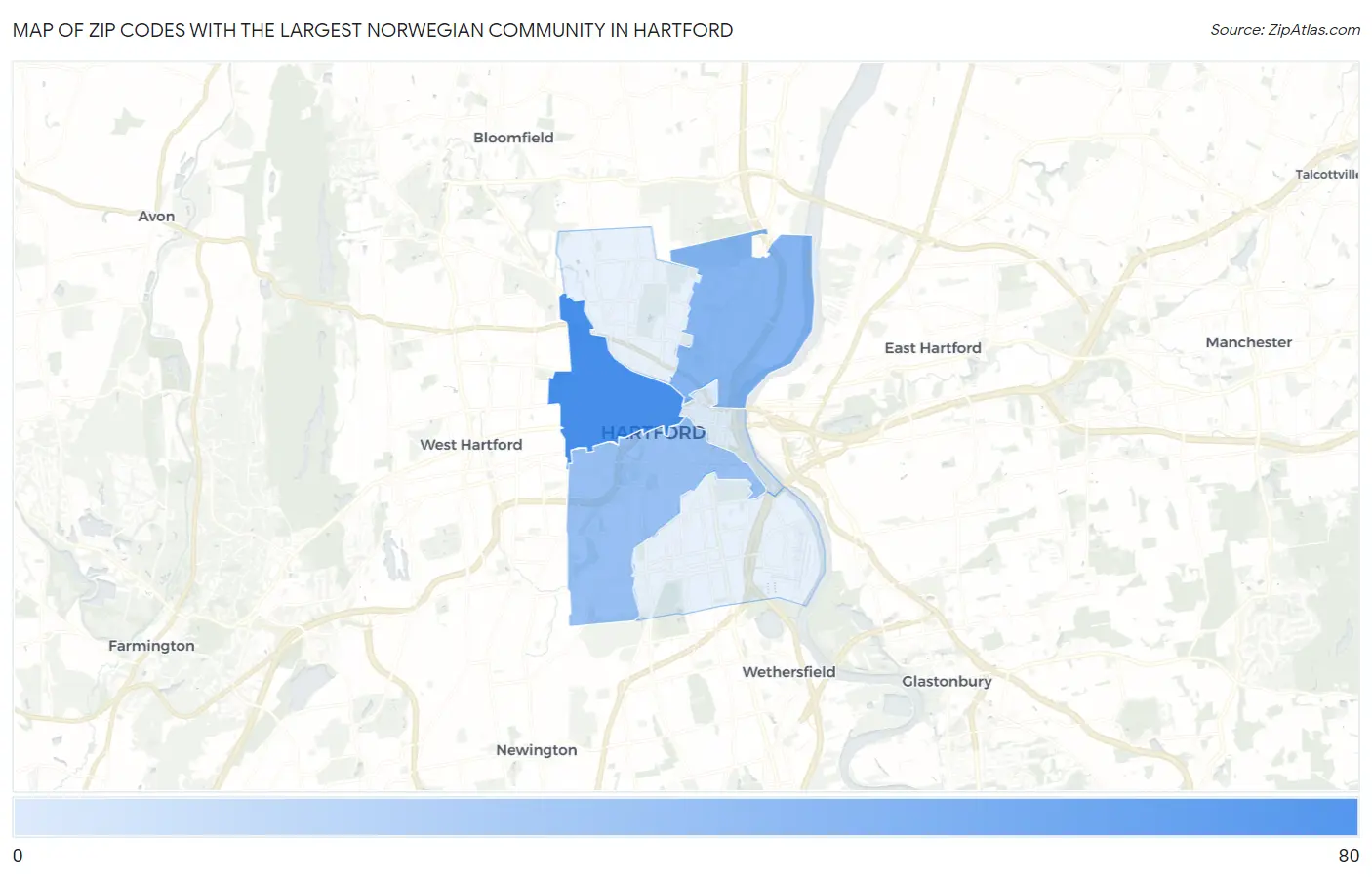 Zip Codes with the Largest Norwegian Community in Hartford Map
