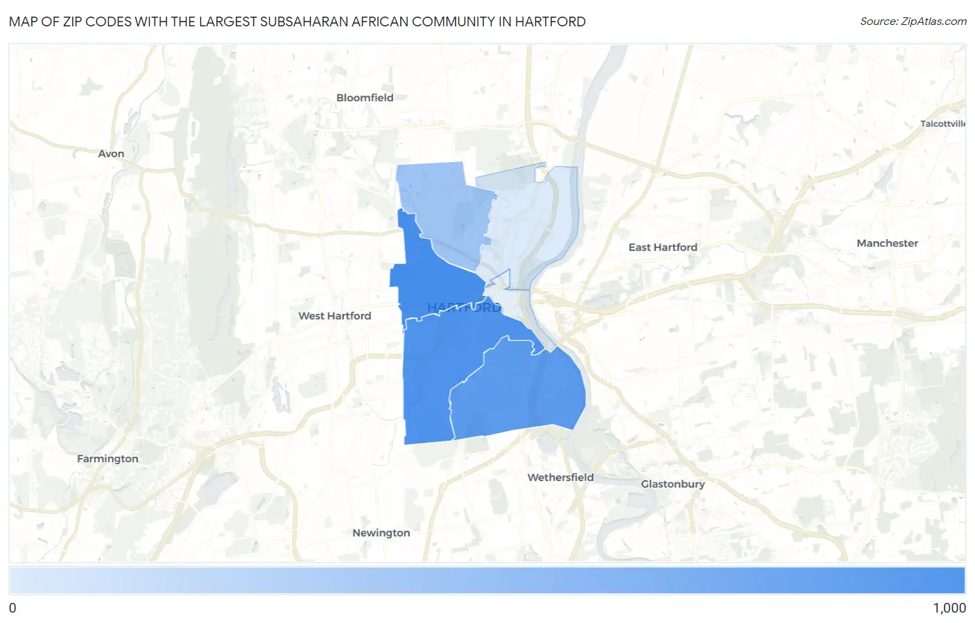Zip Codes with the Largest Subsaharan African Community in Hartford Map