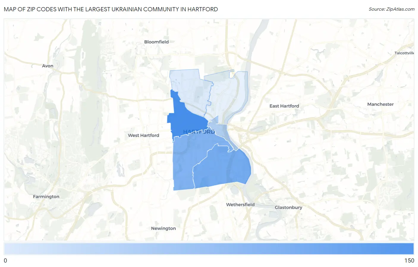 Zip Codes with the Largest Ukrainian Community in Hartford Map