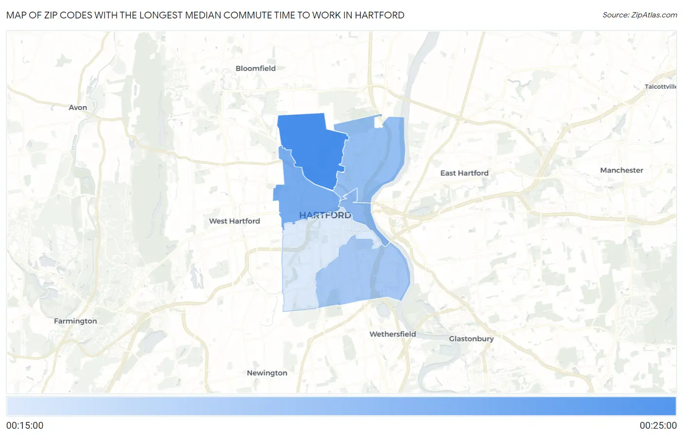 Zip Codes with the Longest Median Commute Time to Work in Hartford Map