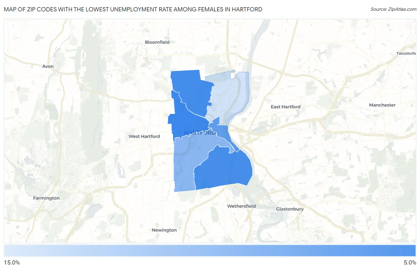 Zip Codes with the Lowest Unemployment Rate Among Females in Hartford Map