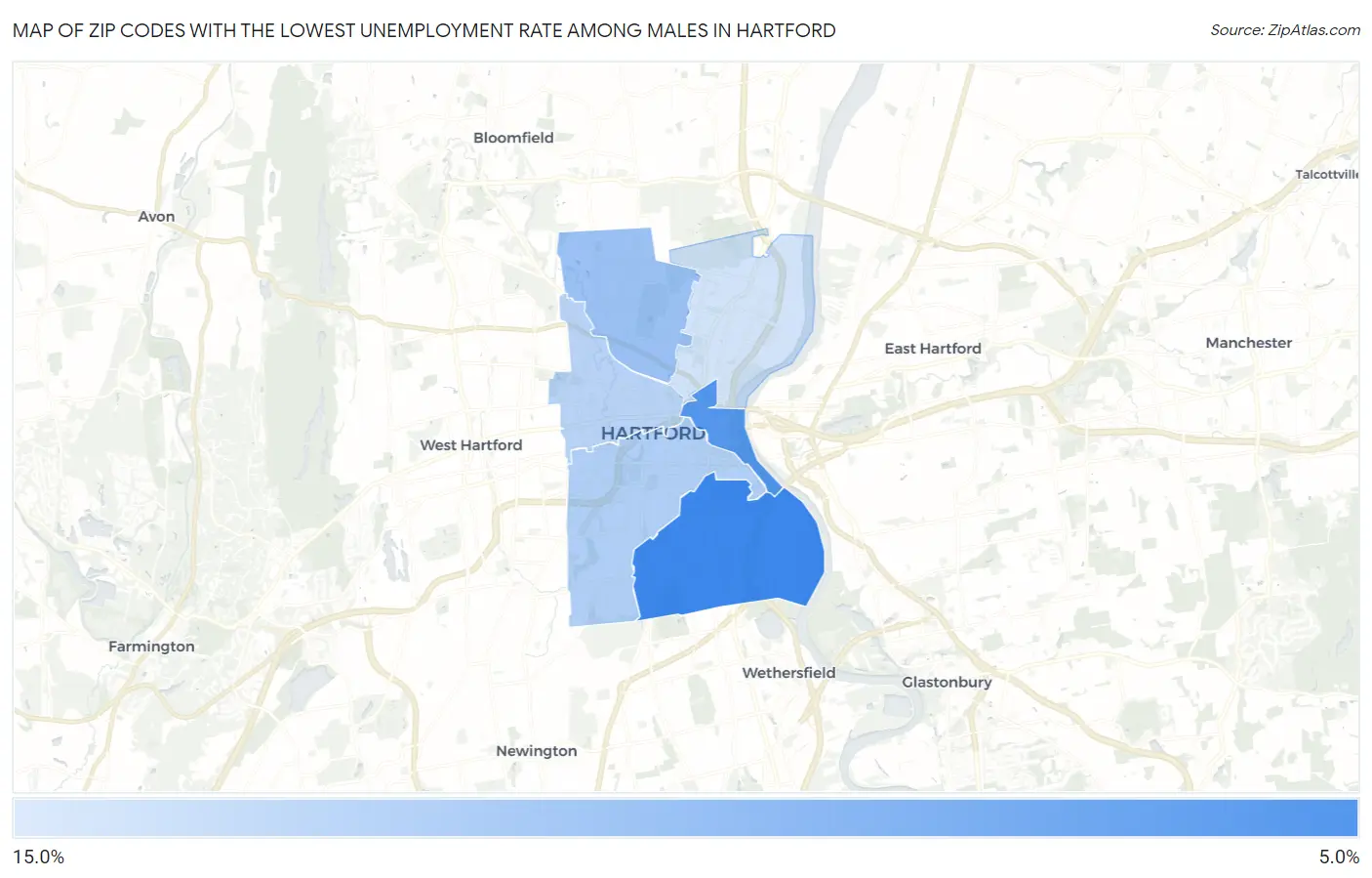 Zip Codes with the Lowest Unemployment Rate Among Males in Hartford Map