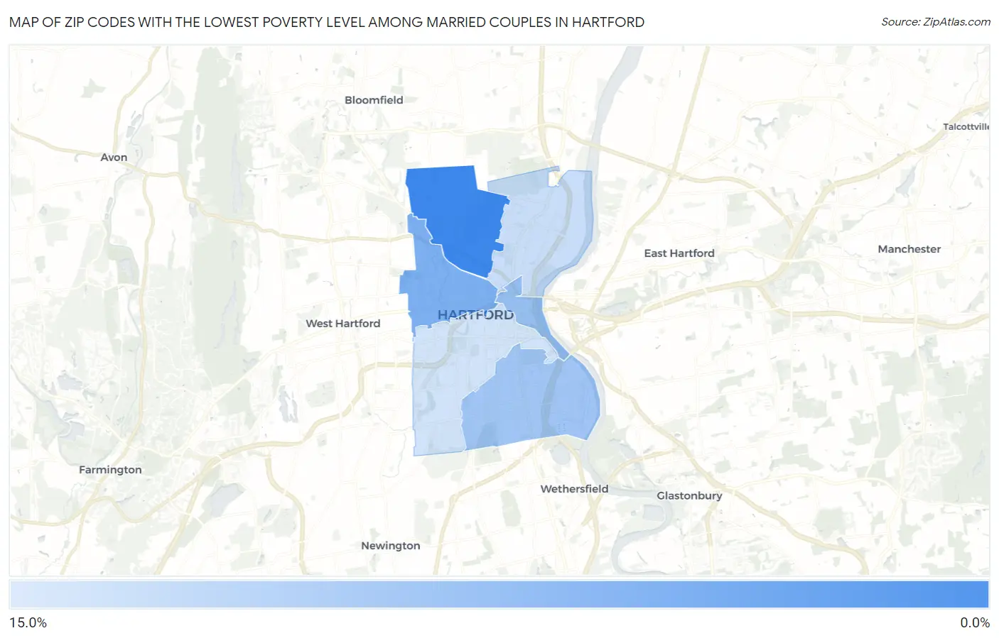Zip Codes with the Lowest Poverty Level Among Married Couples in Hartford Map