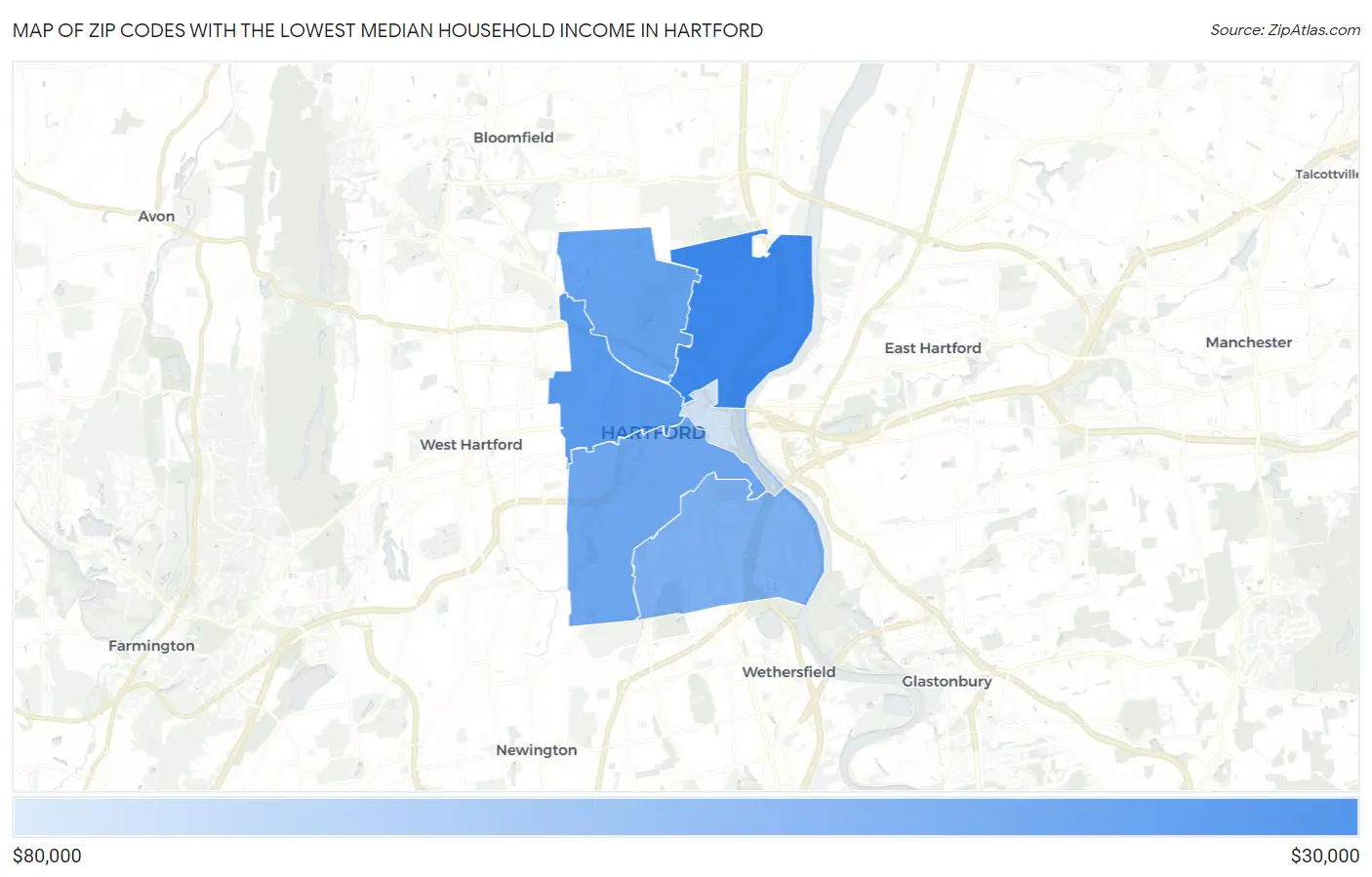 Zip Codes with the Lowest Median Household Income in Hartford Map
