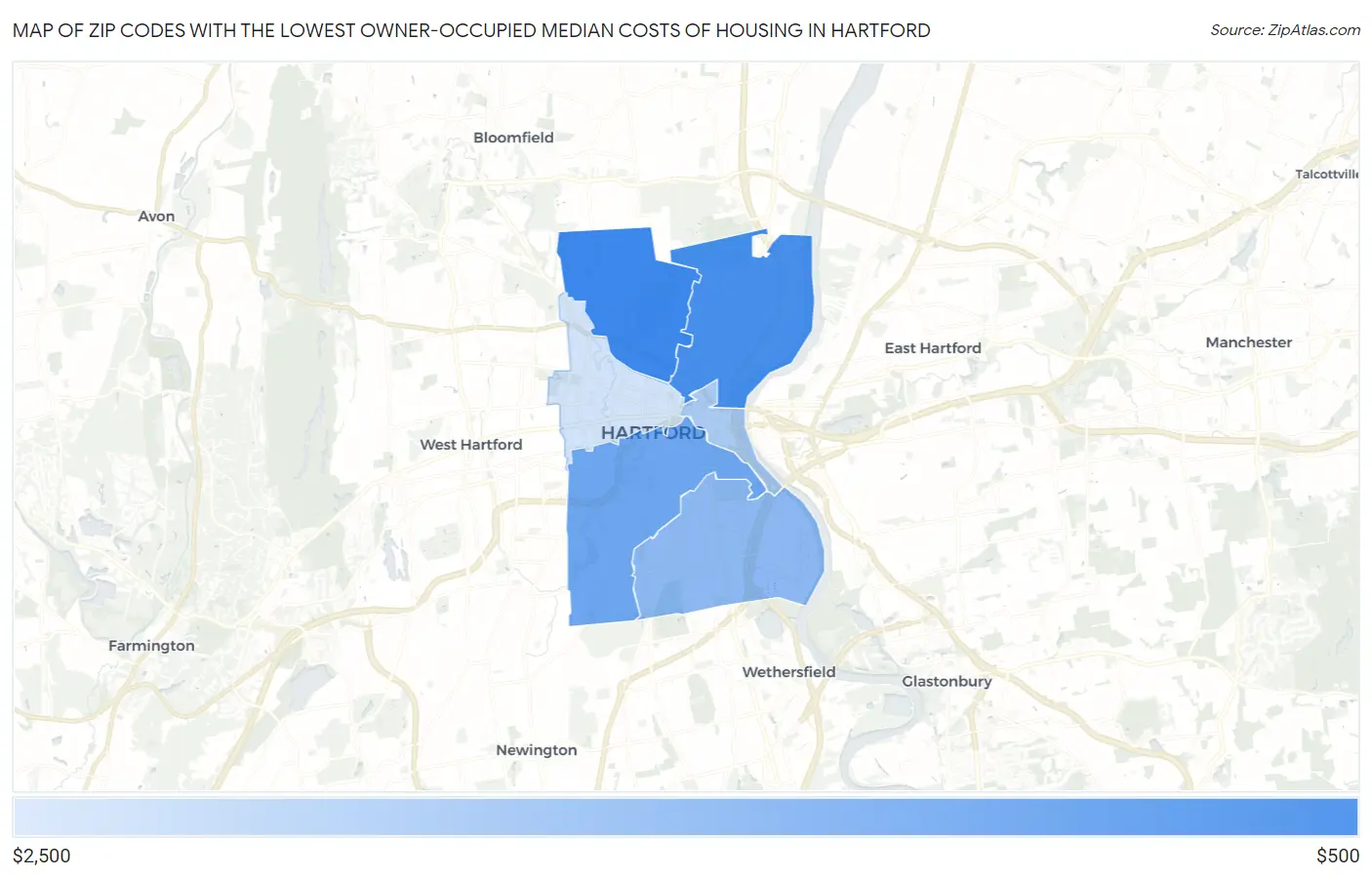 Zip Codes with the Lowest Owner-Occupied Median Costs of Housing in Hartford Map