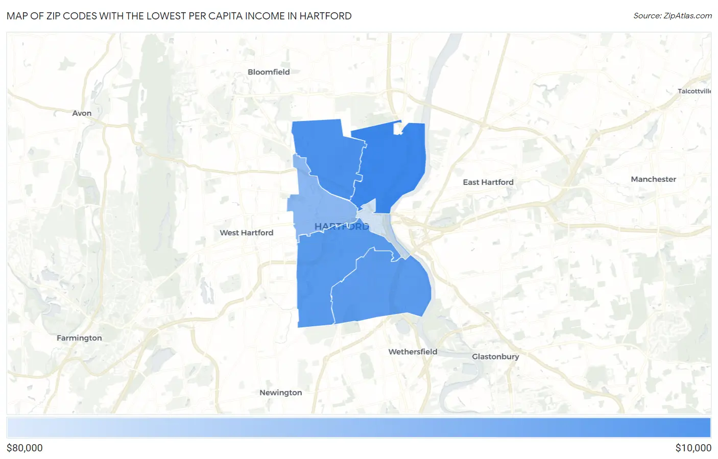 Zip Codes with the Lowest Per Capita Income in Hartford Map