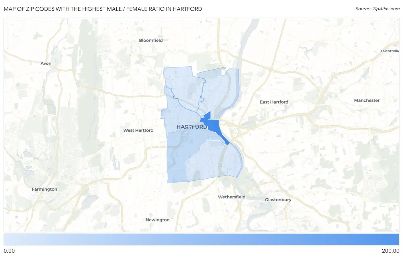 Zip Codes with the Highest Male / Female Ratio in Hartford Map