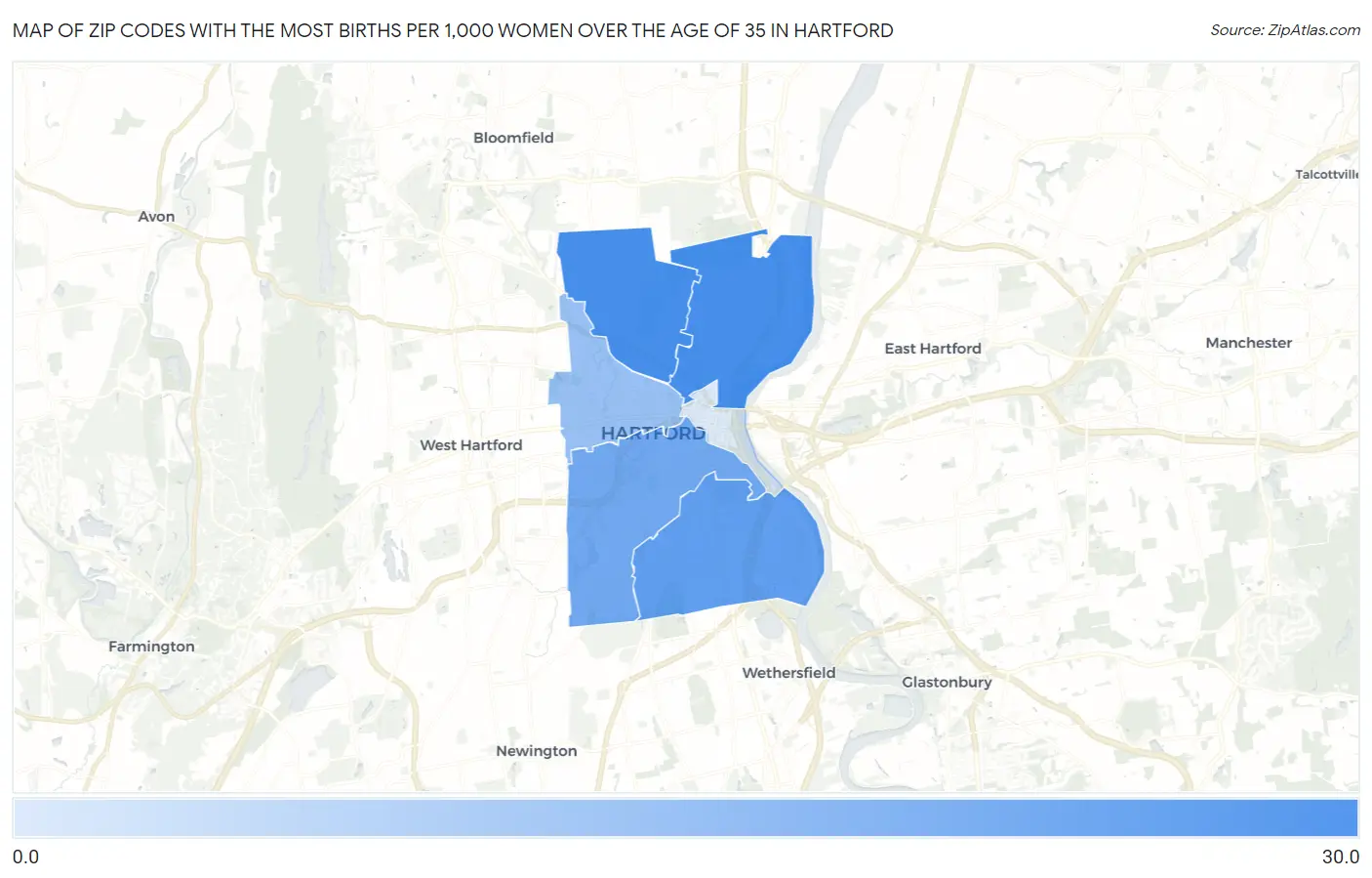 Zip Codes with the Most Births per 1,000 Women Over the Age of 35 in Hartford Map