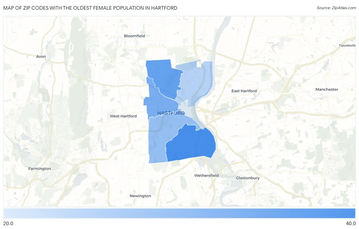 Zip Codes with the Oldest Female Population in Hartford Map