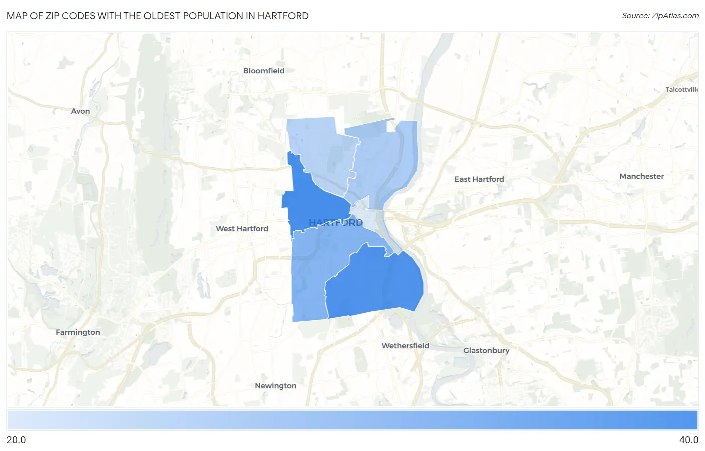 Zip Codes with the Oldest Population in Hartford Map
