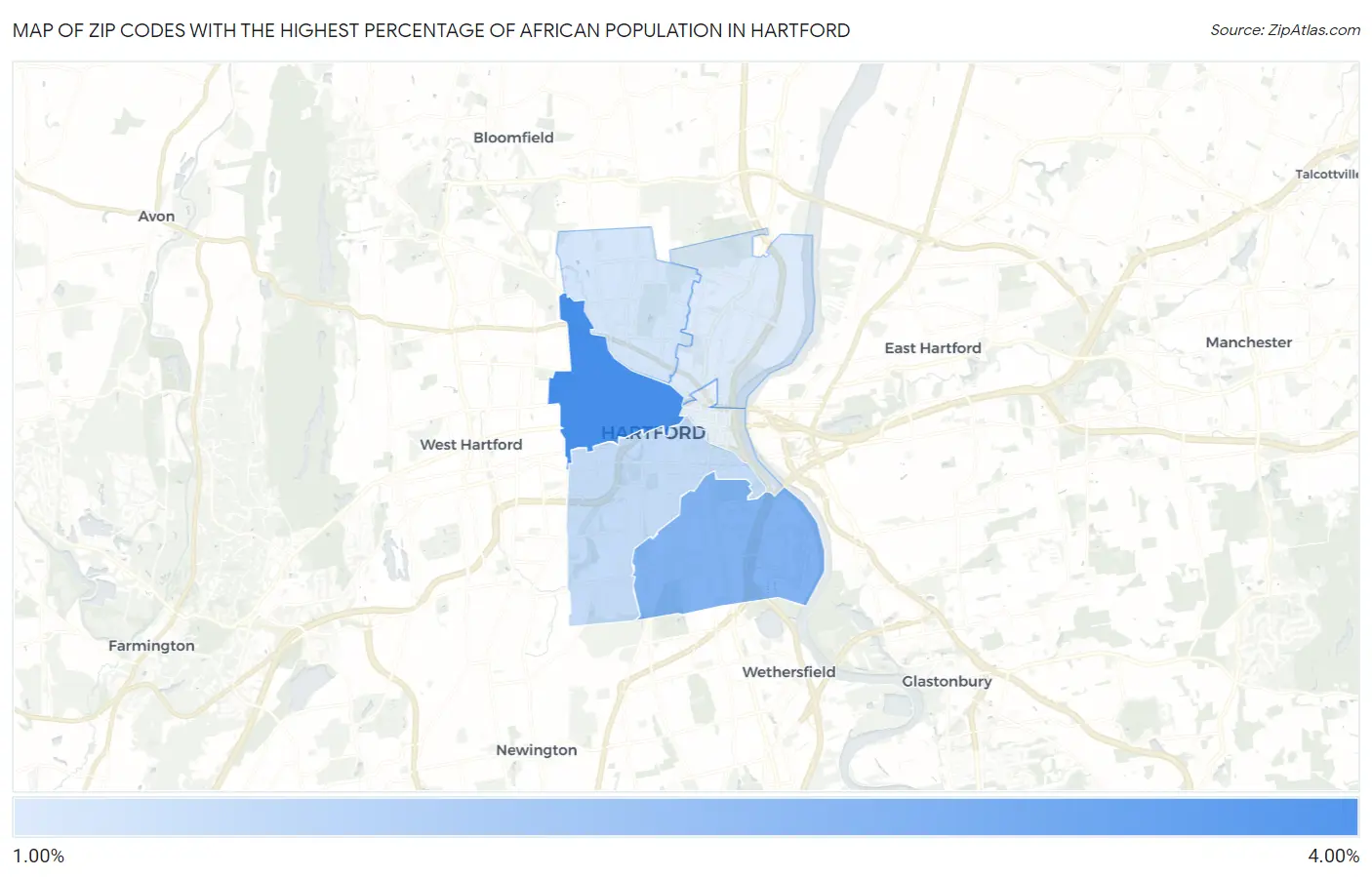 Zip Codes with the Highest Percentage of African Population in Hartford Map