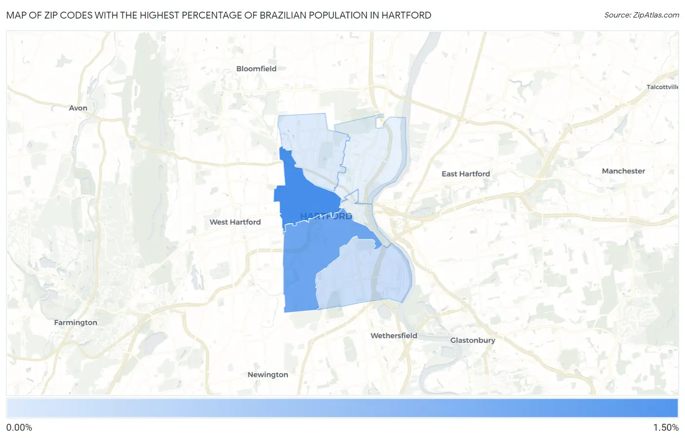 Zip Codes with the Highest Percentage of Brazilian Population in Hartford Map