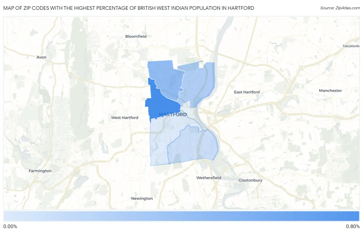 Zip Codes with the Highest Percentage of British West Indian Population in Hartford Map