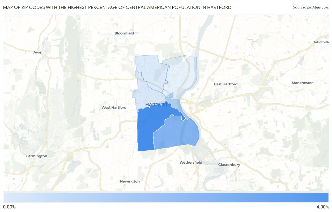 Zip Codes with the Highest Percentage of Central American Population in Hartford Map