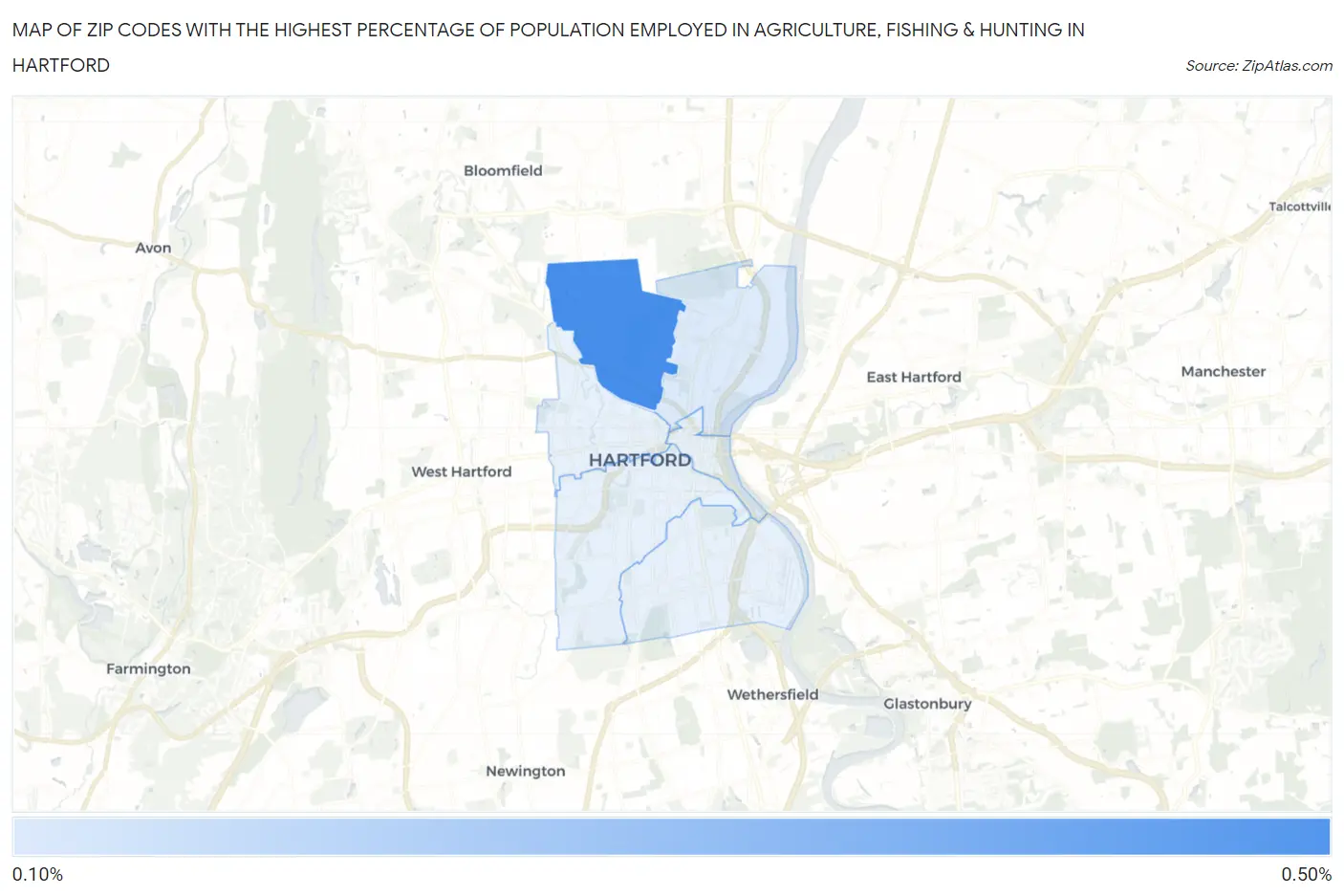 Zip Codes with the Highest Percentage of Population Employed in Agriculture, Fishing & Hunting in Hartford Map