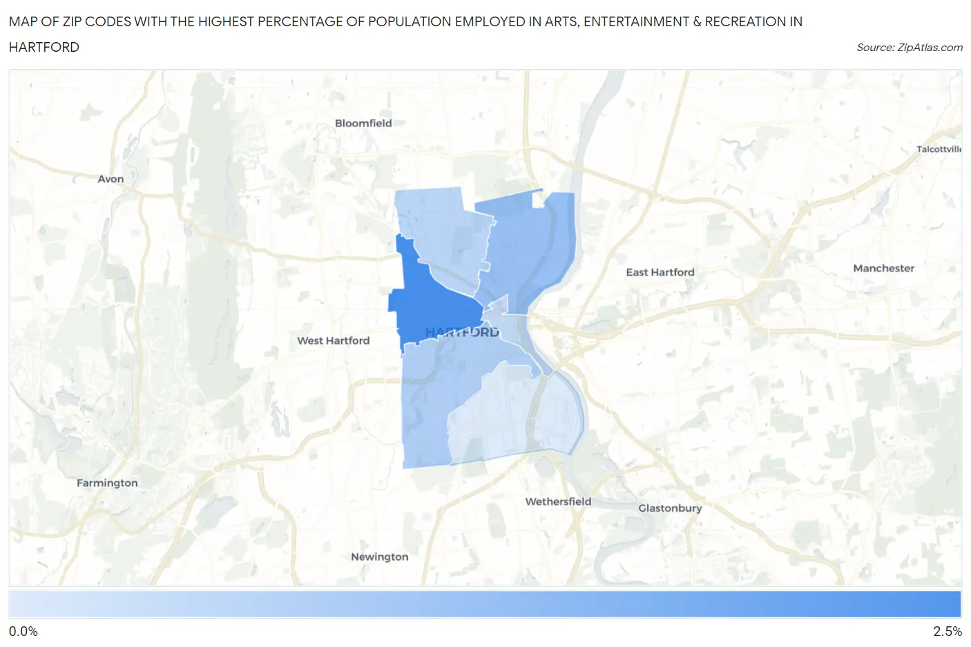 Zip Codes with the Highest Percentage of Population Employed in Arts, Entertainment & Recreation in Hartford Map