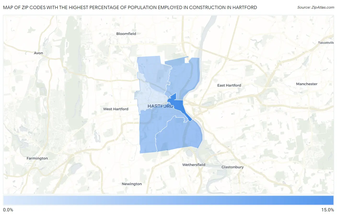 Zip Codes with the Highest Percentage of Population Employed in Construction in Hartford Map