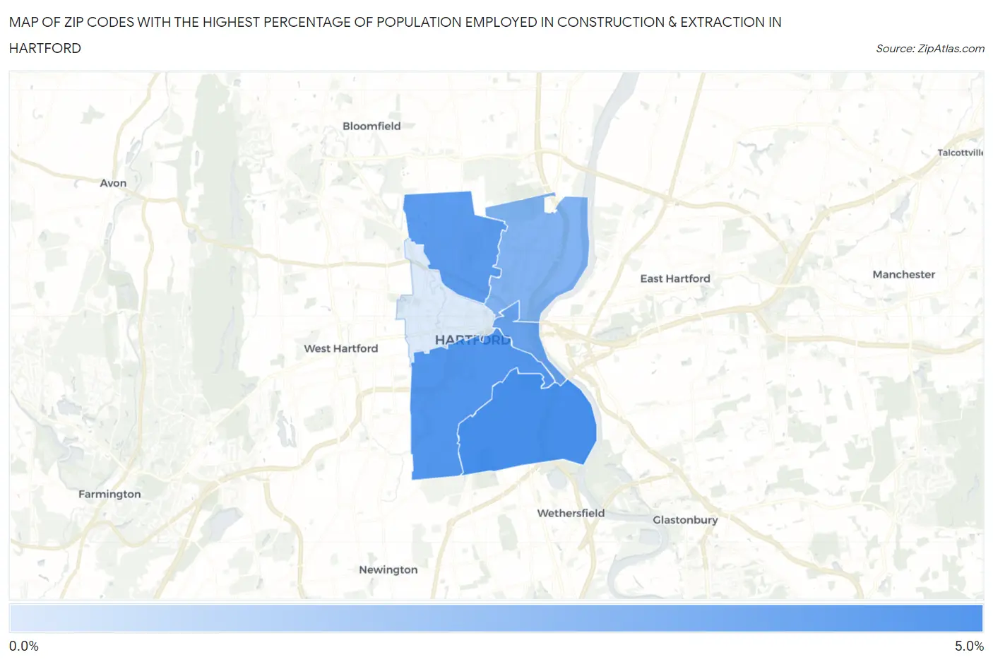 Zip Codes with the Highest Percentage of Population Employed in Construction & Extraction in Hartford Map