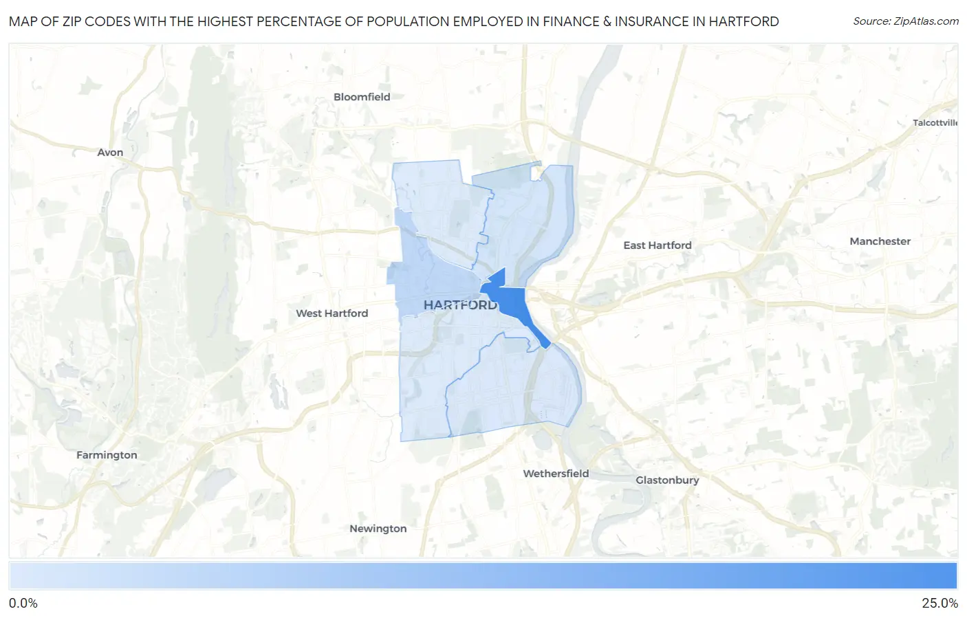 Zip Codes with the Highest Percentage of Population Employed in Finance & Insurance in Hartford Map