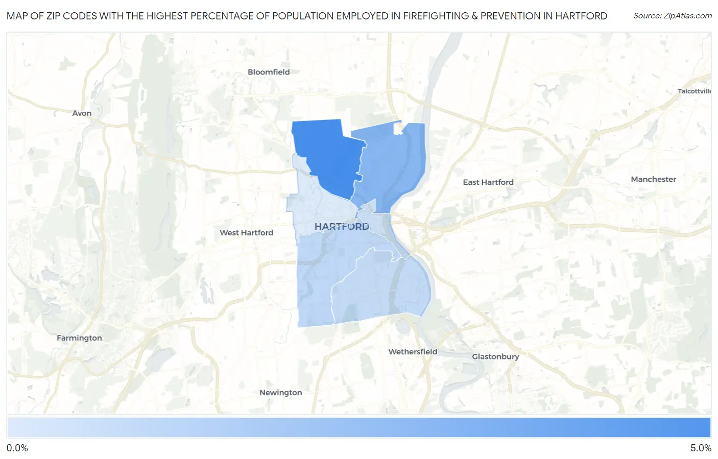 Zip Codes with the Highest Percentage of Population Employed in Firefighting & Prevention in Hartford Map