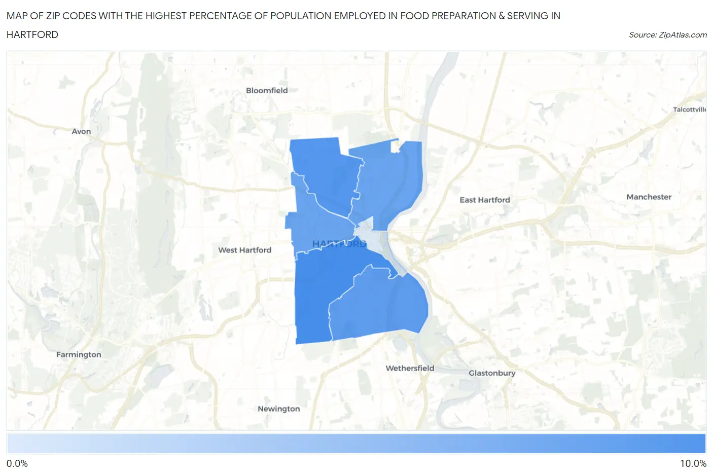 Zip Codes with the Highest Percentage of Population Employed in Food Preparation & Serving in Hartford Map