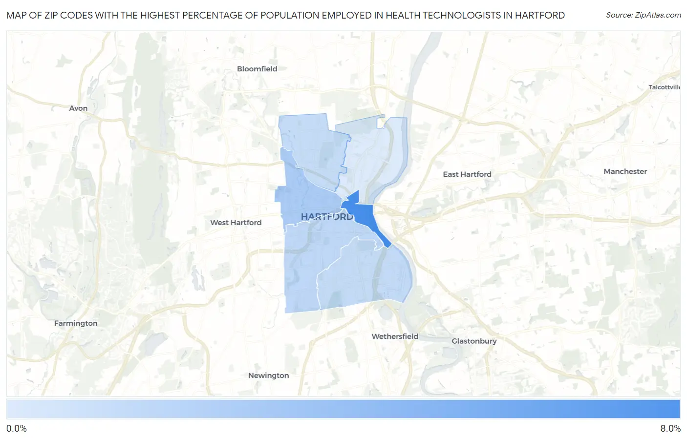 Zip Codes with the Highest Percentage of Population Employed in Health Technologists in Hartford Map