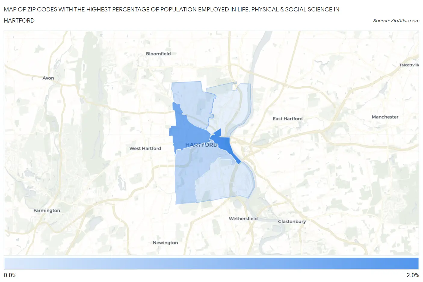Zip Codes with the Highest Percentage of Population Employed in Life, Physical & Social Science in Hartford Map