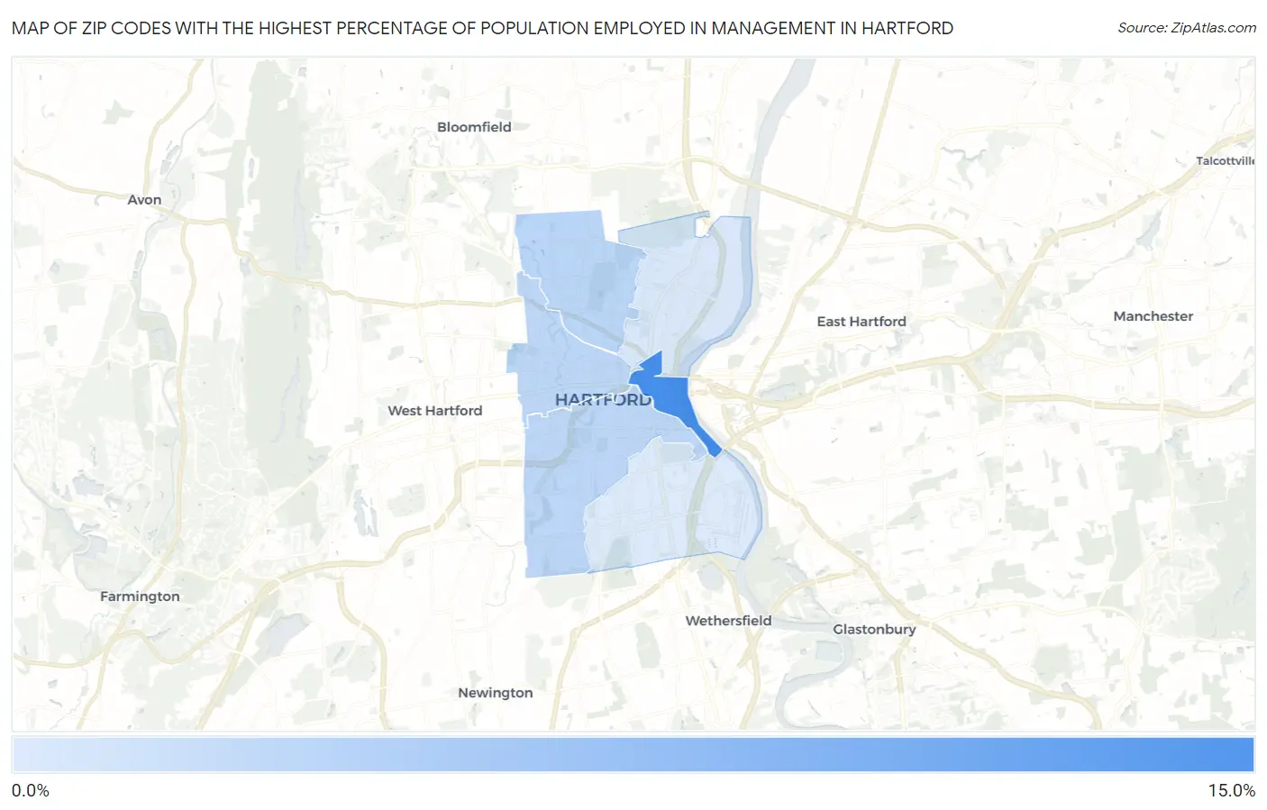 Zip Codes with the Highest Percentage of Population Employed in Management in Hartford Map