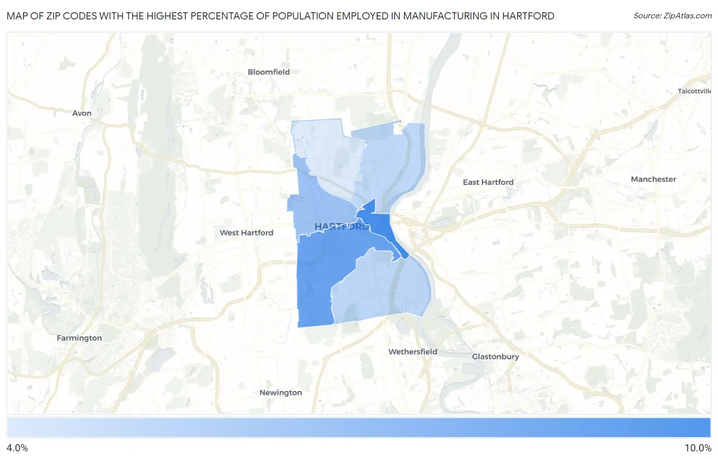 Zip Codes with the Highest Percentage of Population Employed in Manufacturing in Hartford Map