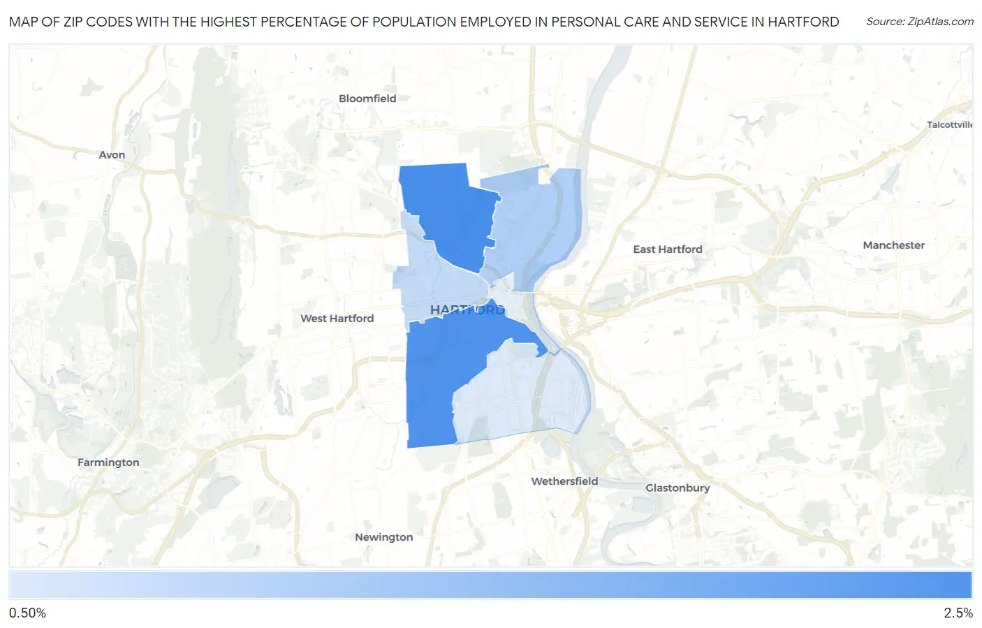 Zip Codes with the Highest Percentage of Population Employed in Personal Care and Service in Hartford Map