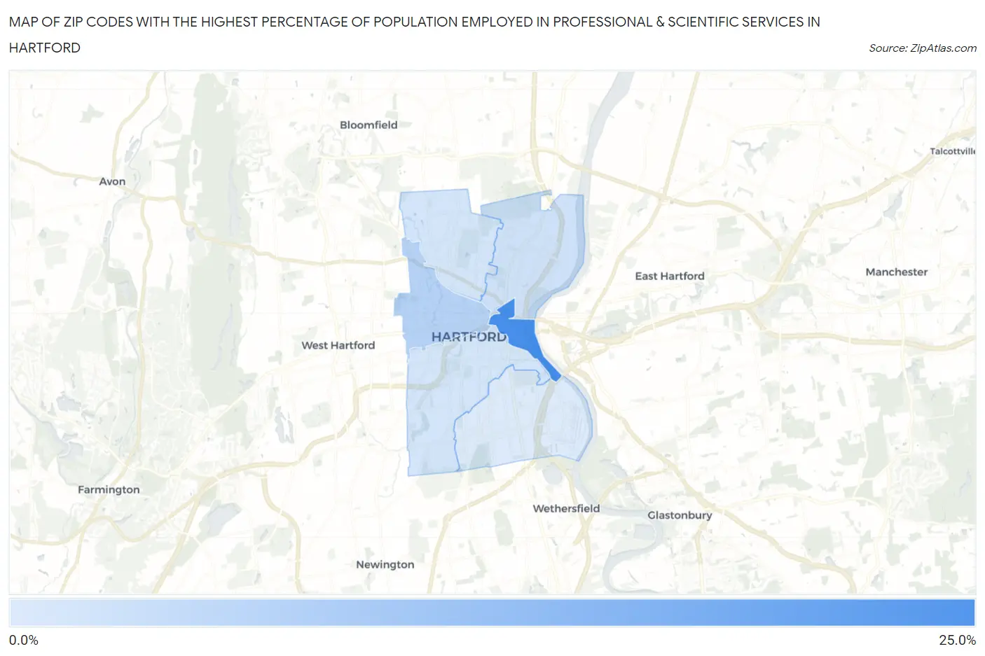 Zip Codes with the Highest Percentage of Population Employed in Professional & Scientific Services in Hartford Map