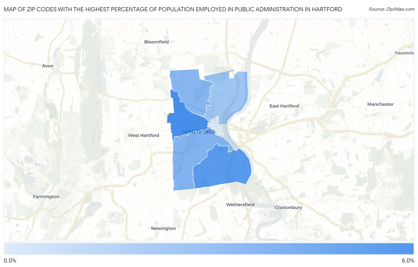 Zip Codes with the Highest Percentage of Population Employed in Public Administration in Hartford Map