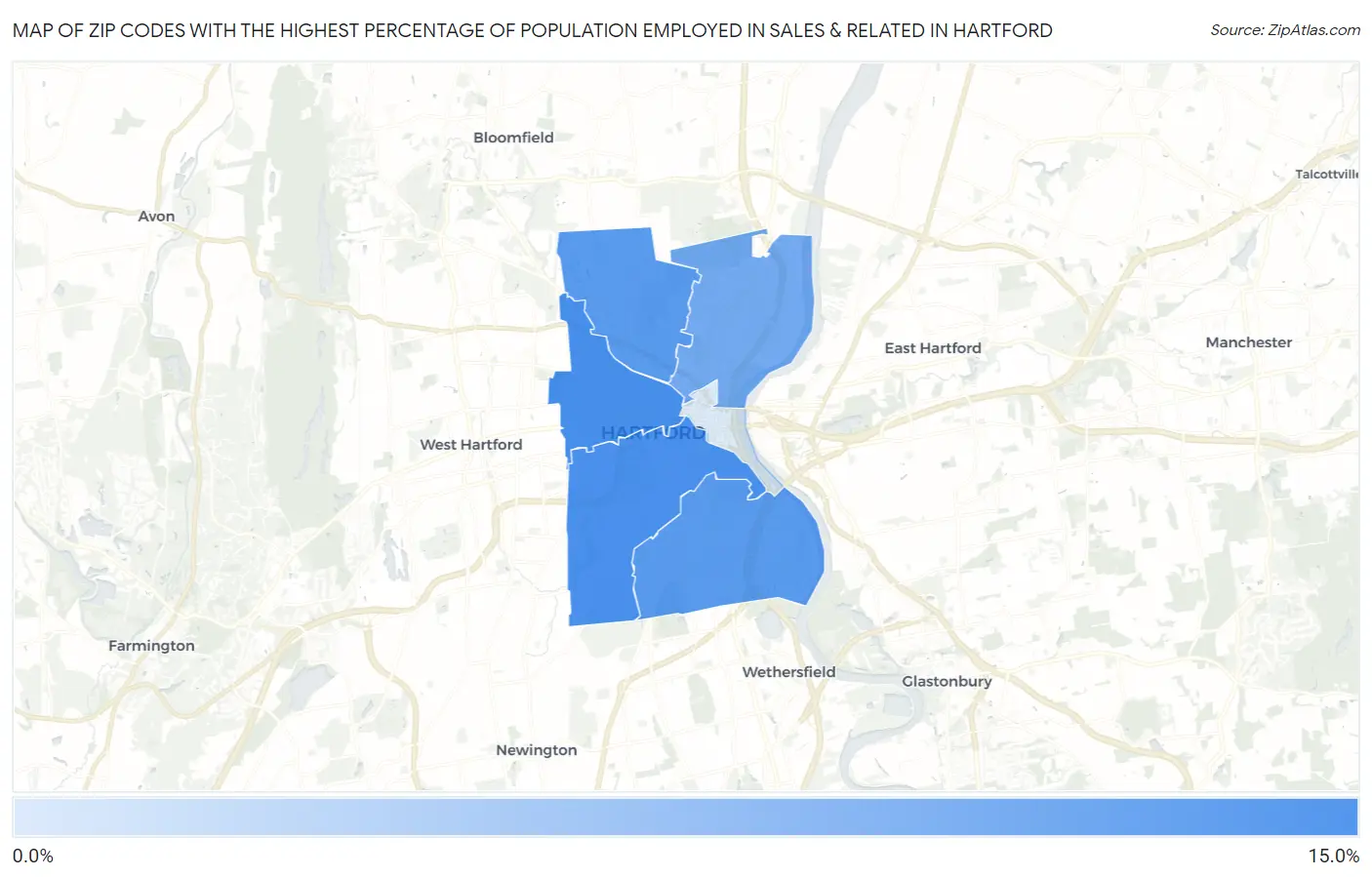 Zip Codes with the Highest Percentage of Population Employed in Sales & Related in Hartford Map