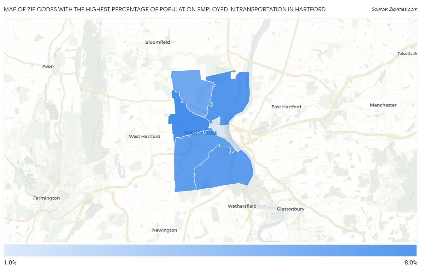 Zip Codes with the Highest Percentage of Population Employed in Transportation in Hartford Map