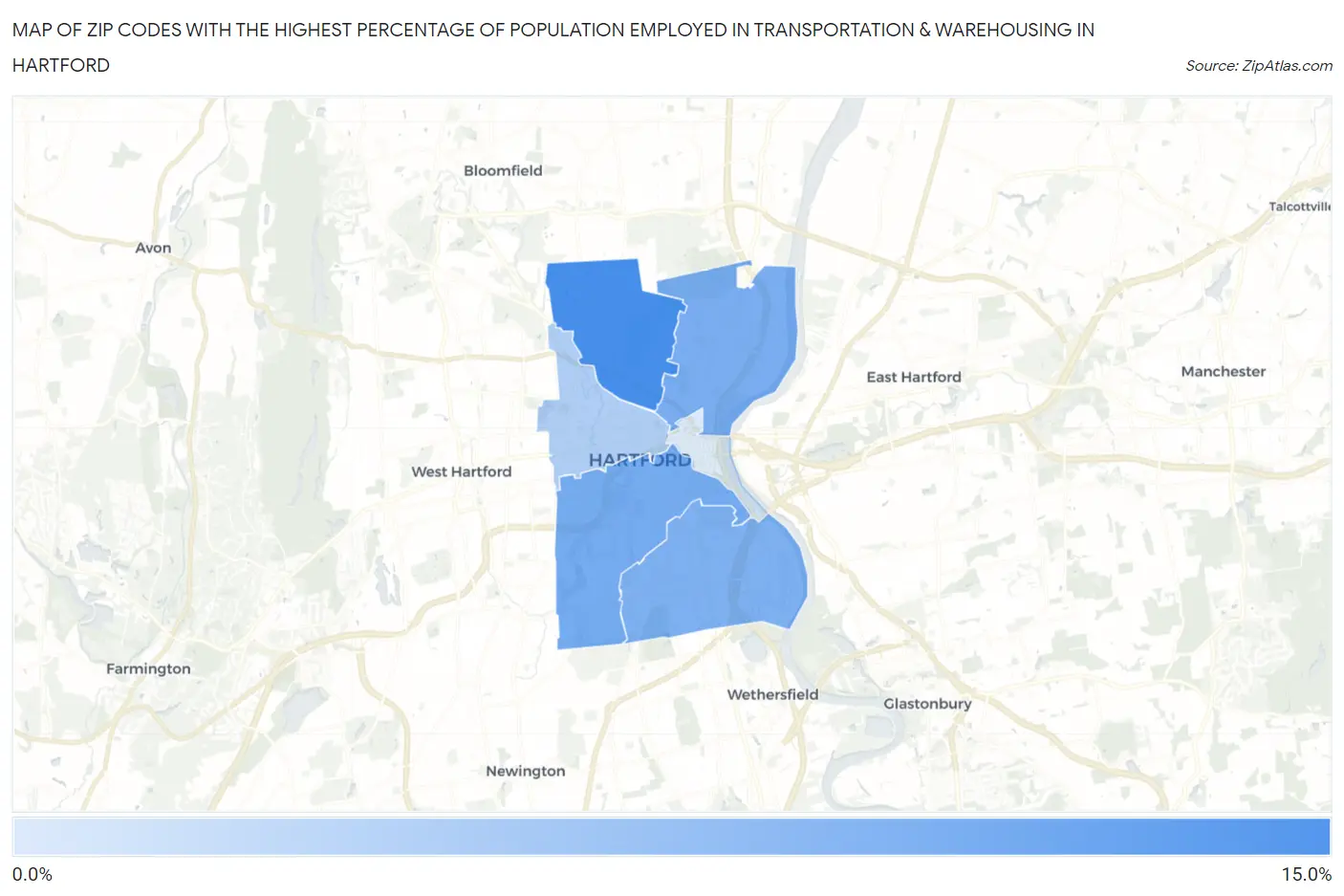 Zip Codes with the Highest Percentage of Population Employed in Transportation & Warehousing in Hartford Map