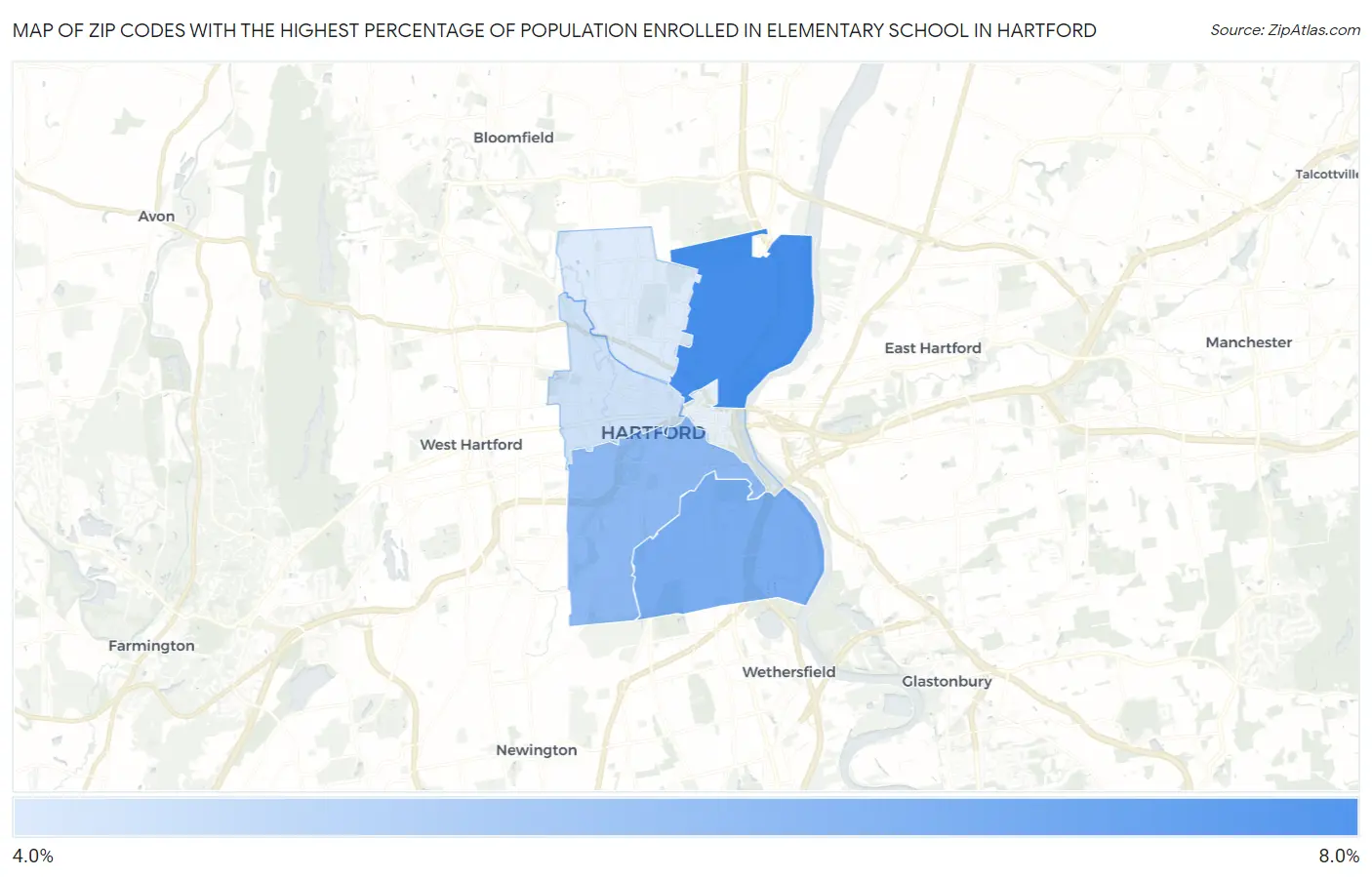 Zip Codes with the Highest Percentage of Population Enrolled in Elementary School in Hartford Map