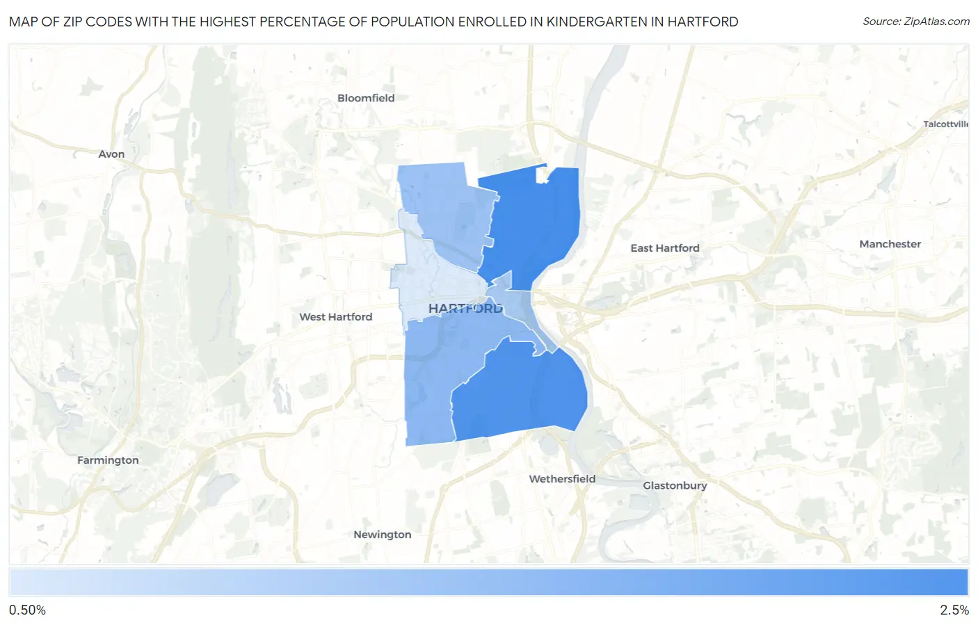 Zip Codes with the Highest Percentage of Population Enrolled in Kindergarten in Hartford Map